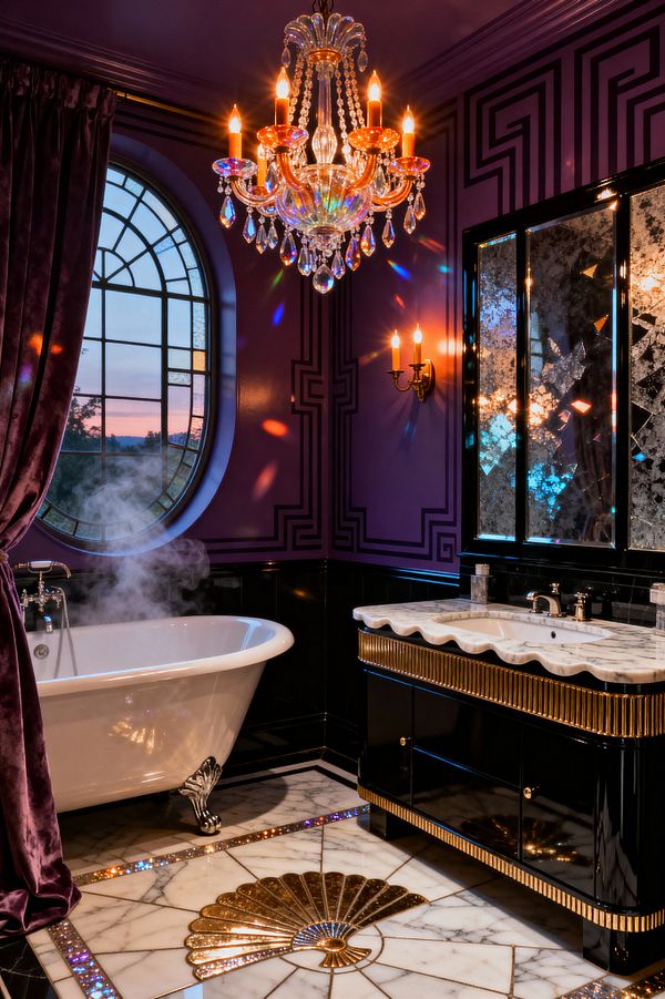 A dramatic vintage-glam bathroom with deep purple walls and black geometric trim features a crystal chandelier, brass wall sconces, and an arched leaded window framed by velvet curtains. A white clawfoot tub with silver feet sits beside a black lacquer vanity with fluted gold accents and a scalloped white marble countertop, topped by foxed mirror panels; the white marble floor displays a brass Art Deco fan medallion and iridescent mosaic inlays, all illuminated by warm, prismatic light.
