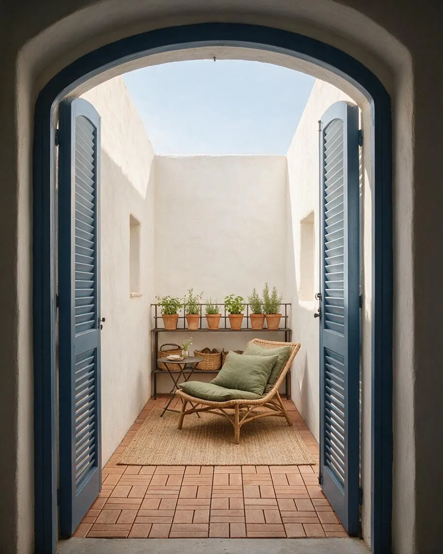 A narrow Mediterranean-style patio framed by an arched opening with blue shutters on both sides. Inside, white stucco walls surround a rattan lounge chair with sage green cushions, terracotta potted herbs on a metal shelf, a small side table, woven baskets, and terracotta tile flooring with a natural jute rug.