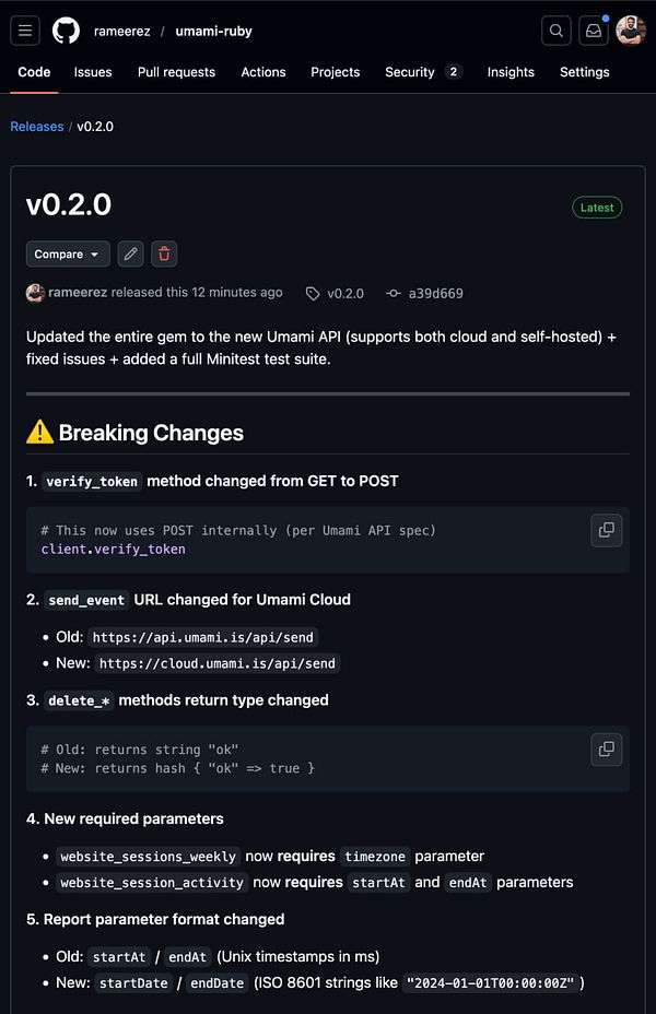Screenshot of the umami-ruby gem version 0.2.0 release note with a terminal output showing installation messages.