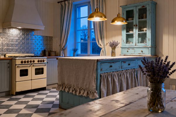 Warmly lit shabby chic kitchen with a vintage cream double oven and a silver pressed-tin backsplash beneath a large white hood. A distressed duck-egg blue island with a linen ruffled skirt and runner stands beside a matching glass-front hutch; brass dome pendants hang above, illuminating wood countertops, gray-and-white checkerboard tiles, striped blue-and-cream curtains at a window, and jars of lavender on the island and rustic table.