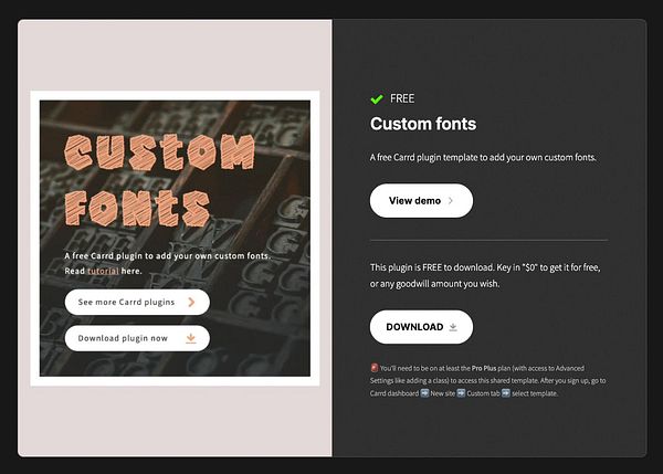 The image features a promotional layout for a free Carrd plugin that allows users to add custom fonts.