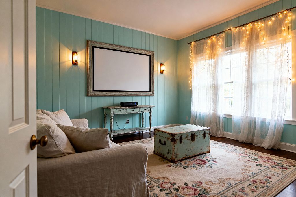 A shabby chic media room with soft aqua wood-paneled walls features a wall-mounted screen in a weathered frame, flanked by antique brass sconces. A beige linen slipcovered sofa faces a distressed mint trunk as a coffee table atop a cream floral rug, with a matching chippy console beneath the screen, dark hardwood floors, and large windows dressed in sheer lace curtains draped with warm string lights.