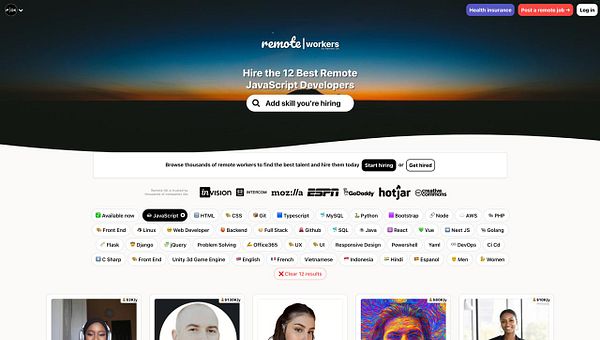The image displays a webpage for hiring remote JavaScript developers, featuring a search bar and various skill tags.