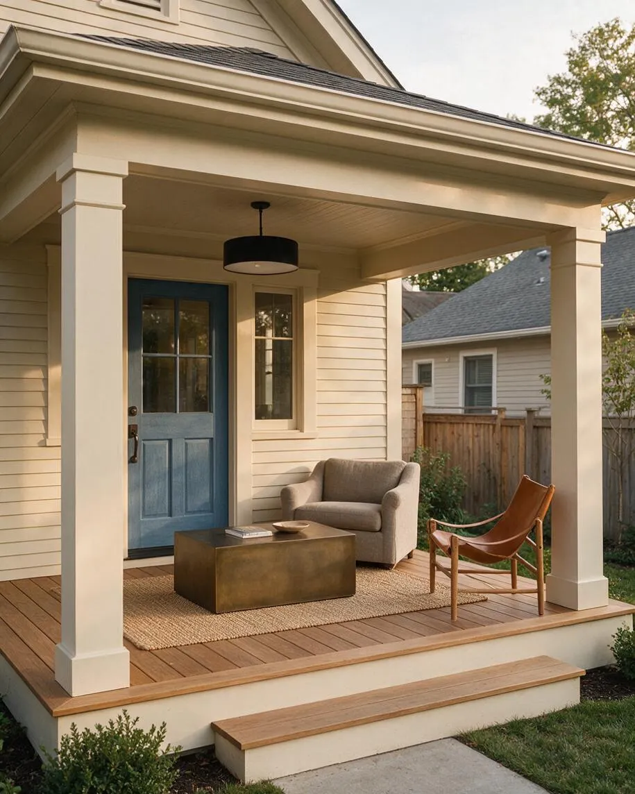 A small transitional front porch with cream siding, thick square columns, and a blue front door with glass panes. The porch includes a woven rug, a brass-toned coffee table, a gray upholstered chair, and a tan sling chair under a black drum pendant light.