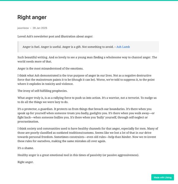 The image features a blog post discussing the concept of 'right anger' and its significance.