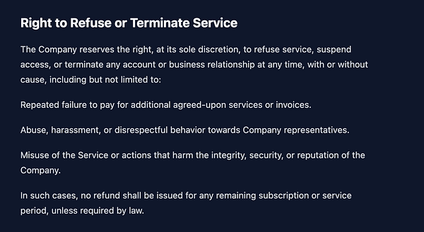 The image displays a section of a Terms of Service document outlining the company's right to refuse or terminate service.