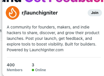The image displays the Reddit community page for r/launchigniter, highlighting its member count and online activity.