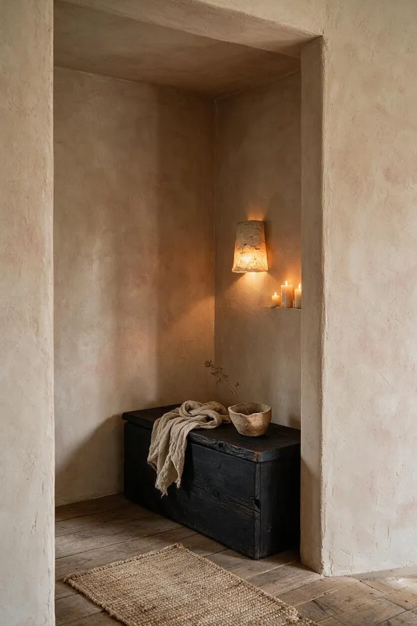 A narrow Wabi-Sabi entryway with plaster walls, a rustic black wooden bench, and a warm wall sconce beside a small cluster of candles. A woven textile, a stone bowl, and a jute rug add soft, natural textures to the quiet nook.