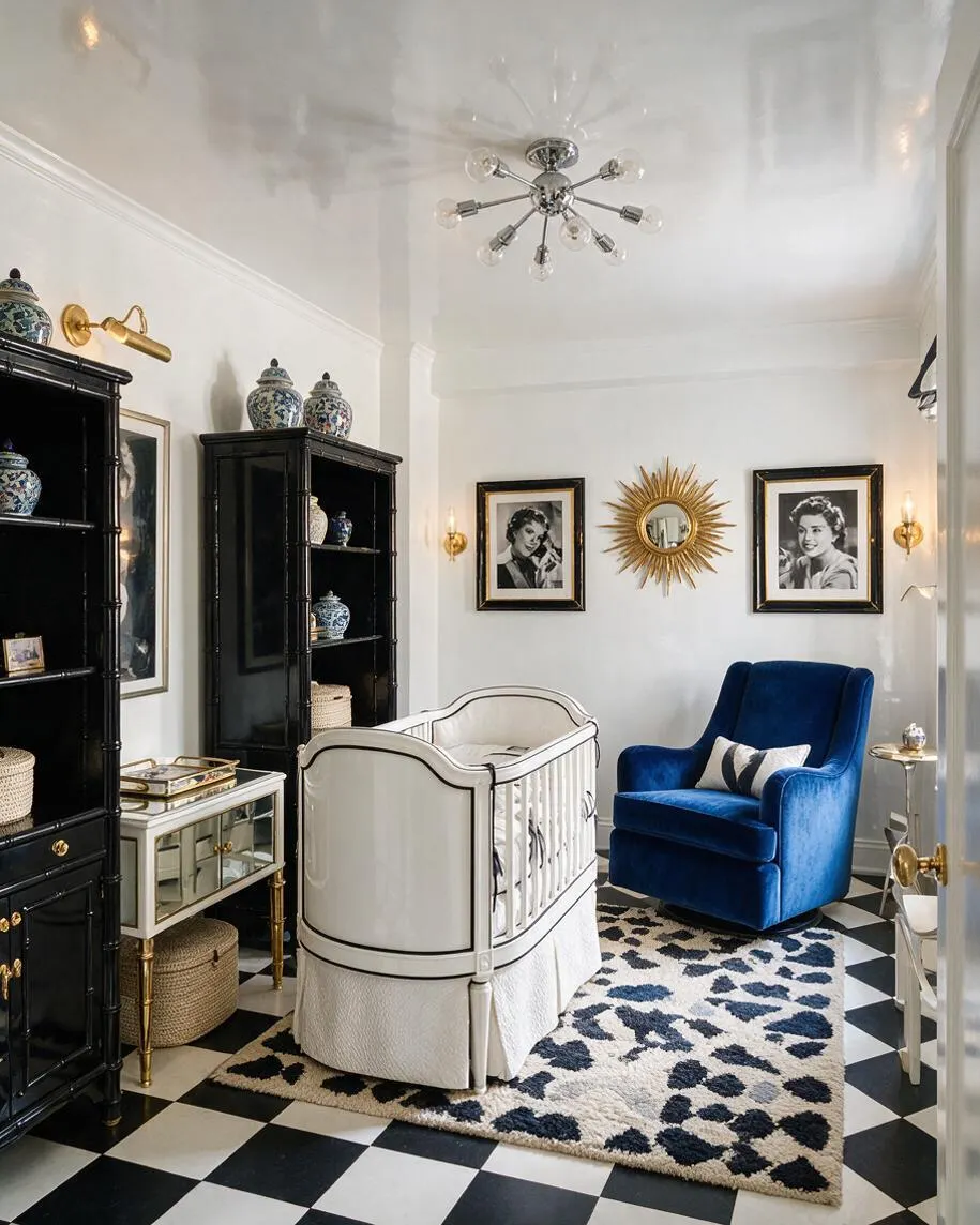 A stylish nursery with a white crib centered on a black-and-white checkerboard floor, a vivid cobalt velvet chair, and black lacquered cabinets along the wall. The room features gold accents, a starburst mirror, framed black-and-white portraits, a chrome ceiling fixture, and a navy-and-cream patterned rug.