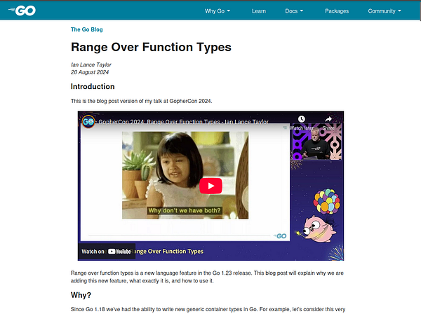 The image features a blog post about 'Range Over Function Types' in Go, including a video from GopherCon 2024.