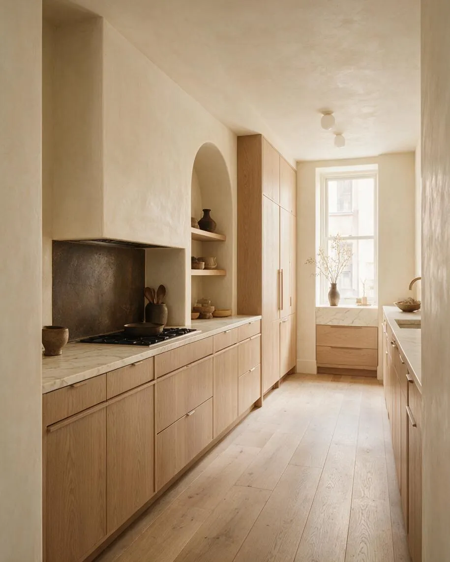 A narrow organic modern kitchen with pale oak cabinetry, a light stone countertop, and a curved plaster alcove over the cooktop. The space includes integrated appliances, open shelving, a tall pantry cabinet, and a sunlit window seat at the far end, all in soft beige and natural wood tones.