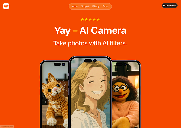The image features a vibrant homepage design for an AI camera app called 'Yay'.
