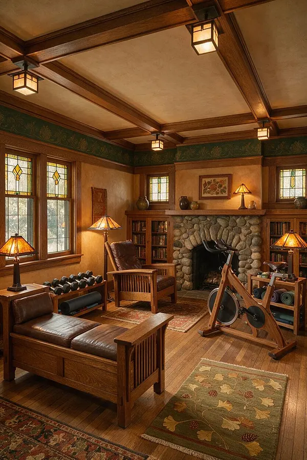 A Craftsman-style home gym with exposed wood ceiling beams, stained glass windows, and a stone fireplace centered between built-in bookshelves. The room includes a wooden stationary bike, dumbbells, yoga mats, leather lounge seating, and warm table lamps, creating a cozy, library-like fitness space.