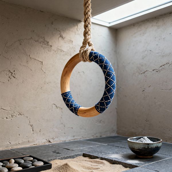 Close-up of a Japanese-inspired home gym corner lit by a skylight, featuring a natural wood gymnastics ring partly wrapped in indigo fabric with white sashiko stitching and suspended from a thick hemp rope. Charcoal slate tiles surround a recessed sand bed with a black tray of smooth river stones, while a small glazed ceramic bowl holding fine white powder rests nearby against textured gray plaster walls.
