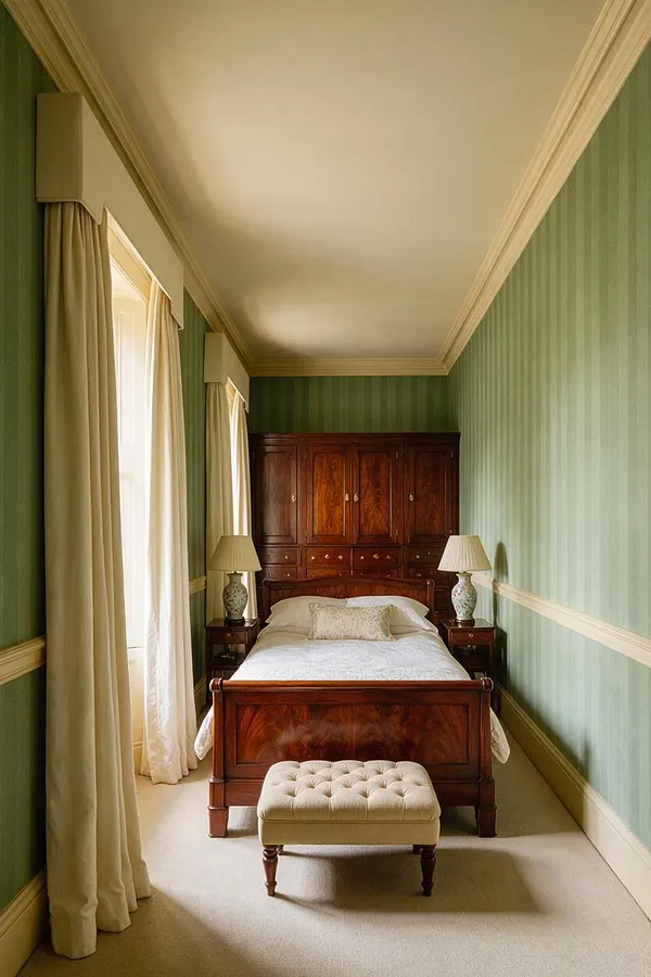 A narrow traditional master bedroom with green vertical-striped wallpaper, cream trim, and a polished wood bed centered against a matching cabinet headboard wall. Tall windows on the left are dressed with full-length beige drapes, and matching table lamps sit on dark wood nightstands. A tufted cream bench is placed at the foot of the bed, creating a classic, elegant look.