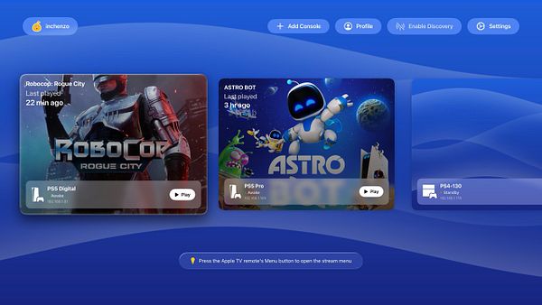 The image displays the Apple TV interface showcasing game options for PlayStation consoles.