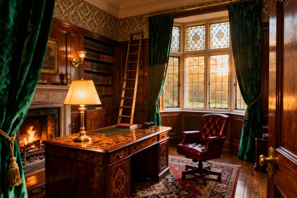 A richly detailed Victorian-style study with mahogany wall paneling, built-in bookcases, and a stone fireplace glowing with a live fire. A marquetry wood desk holds a brass lamp with a pleated shade and a leather blotter, paired with an oxblood tufted swivel chair on a Persian rug. A rolling ladder leans against the shelves, while emerald velvet curtains frame a leaded-glass bay window as golden-hour light fills the room.