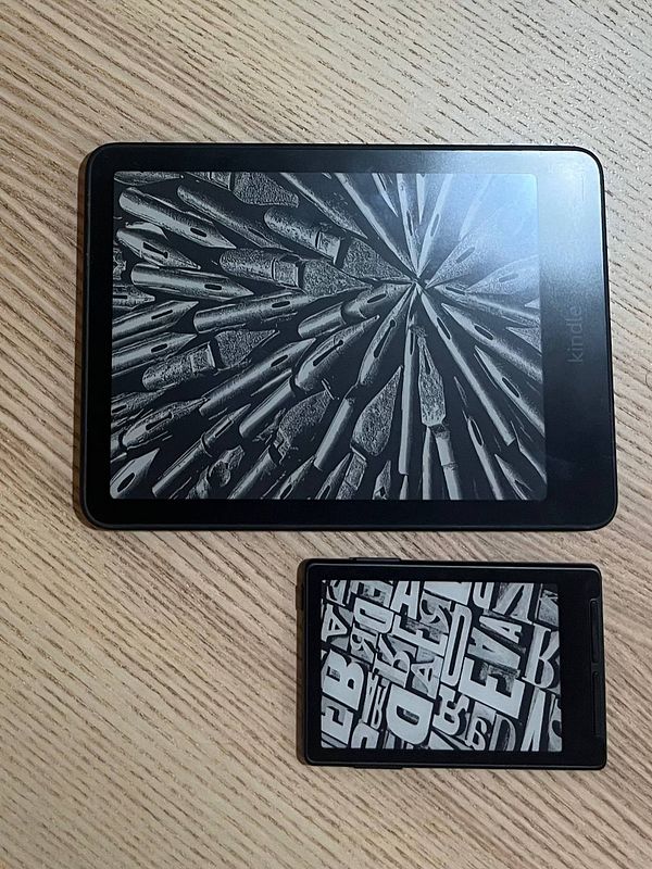 A side-by-side comparison of two e-readers showing different interface screens and book titles.