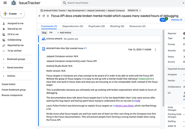 A screenshot of a Google Issue Tracker page detailing a bug report about the Jetpack Compose Focus API.