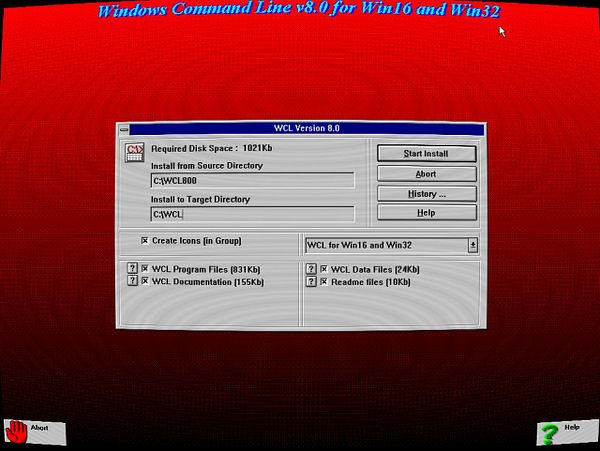 Screenshot of an MS-DOS Prompt window running a command to install Windows Commander for Windows 3.11 inside Em-DOSBox.