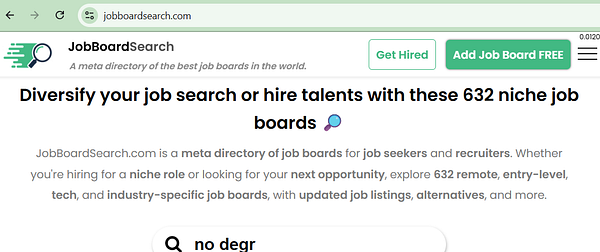 The image displays a webpage from JobBoardSearch.com, highlighting its services for job seekers and recruiters.