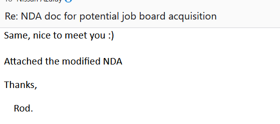 An email thread discussing a modified NDA for a potential job board acquisition.
