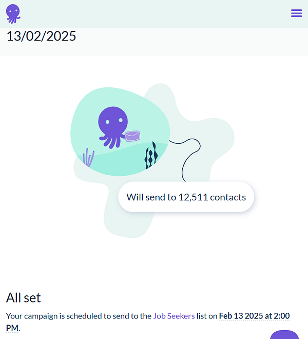A digital interface displaying a scheduled newsletter campaign for job seekers.