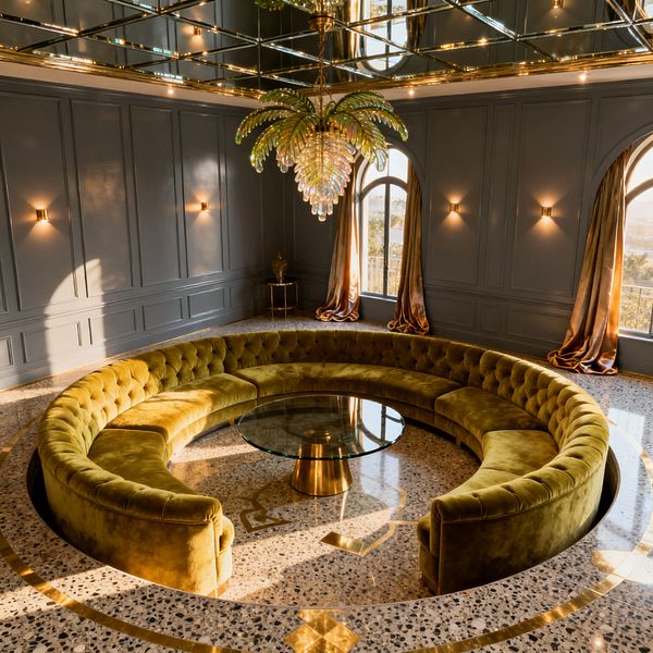 A glamorous living room with a sunken circular olive velvet tufted sectional around a round glass coffee table on a brass pedestal, set in speckled terrazzo with brass inlays. Gray-blue paneled walls and arched windows with gold satin drapes reflect in a gridded mirrored ceiling, while a palm-style glass chandelier and brass sconces create warm, theatrical light.