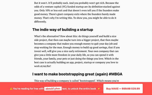 The image features a text excerpt discussing alternative methods of building a startup.