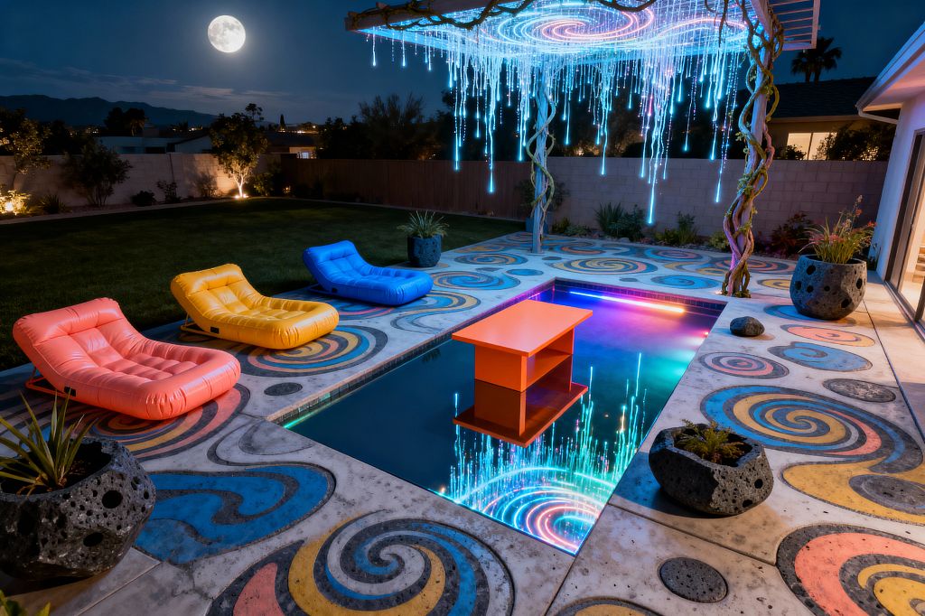 Nighttime backyard scene with a metal pergola wrapped in vines and dripping fiber‑optic LED strands above a concrete patio painted in multicolor spirals. A narrow sunken pool glows with rainbow light and reflects an orange table, while three low inflatable loungers in coral, yellow, and electric blue line the edge. Porous black lava‑stone planters hold succulents, with a manicured lawn and block wall beyond under a full moon.