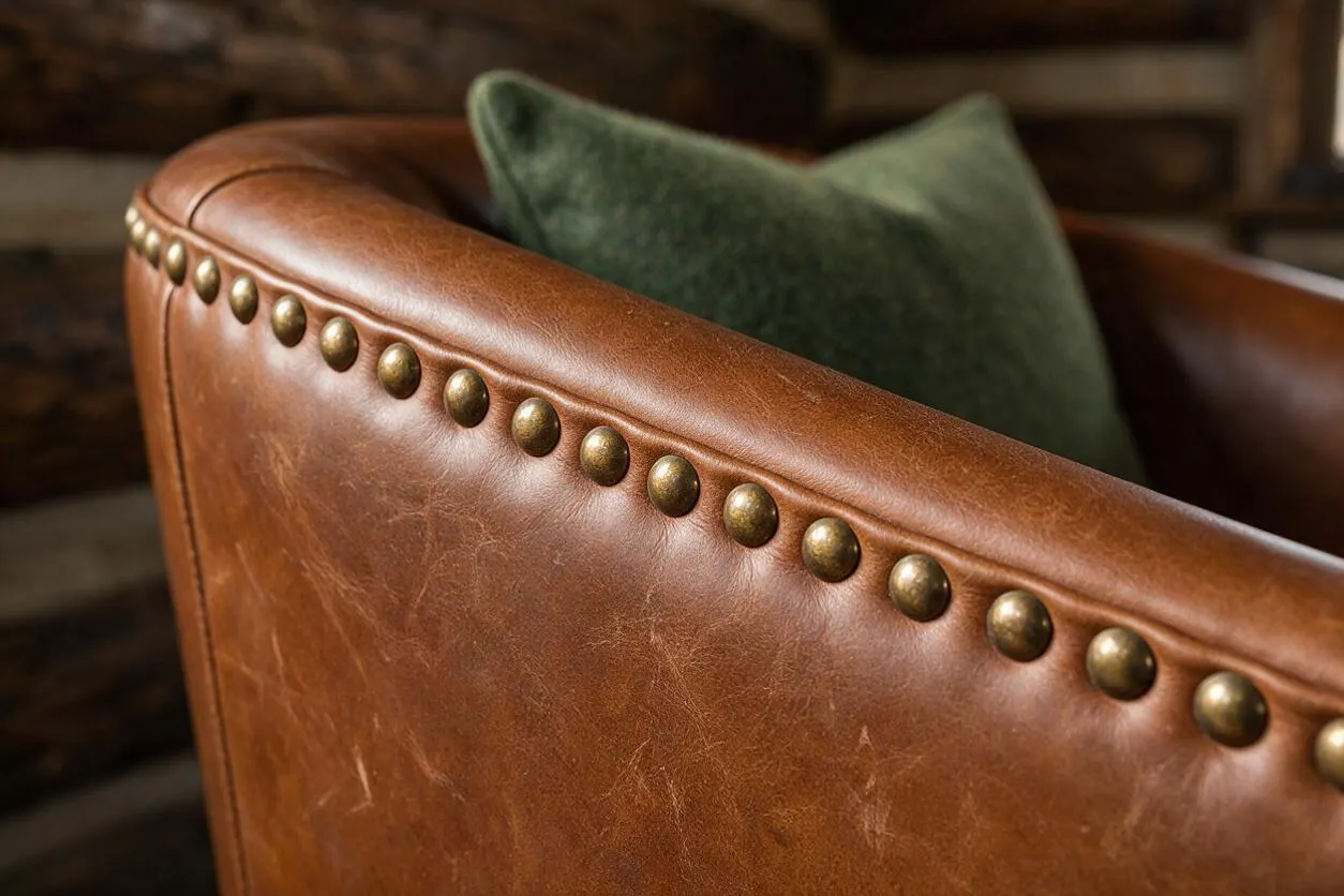 A close-up view of a rustic leather chair back in warm brown tones, finished with a row of brass nailhead studs along the edge. A muted green cushion sits behind it, with a softly blurred wood-toned background suggesting a cozy rustic interior.