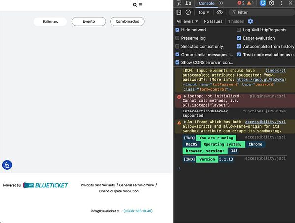 The image displays a web page for purchasing tickets with a console error message indicating a bug.