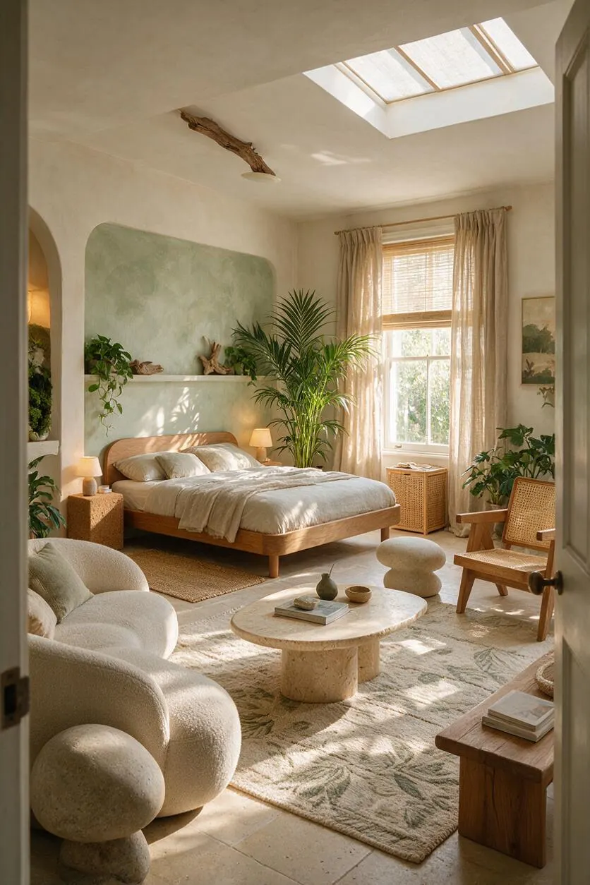 A serene guest bedroom with a wooden bed, soft neutral bedding, and abundant potted plants arranged around the room. A skylight and large window bring in natural light, while woven chairs, a stone coffee table, and organic-shaped seating create a calm biophilic atmosphere.