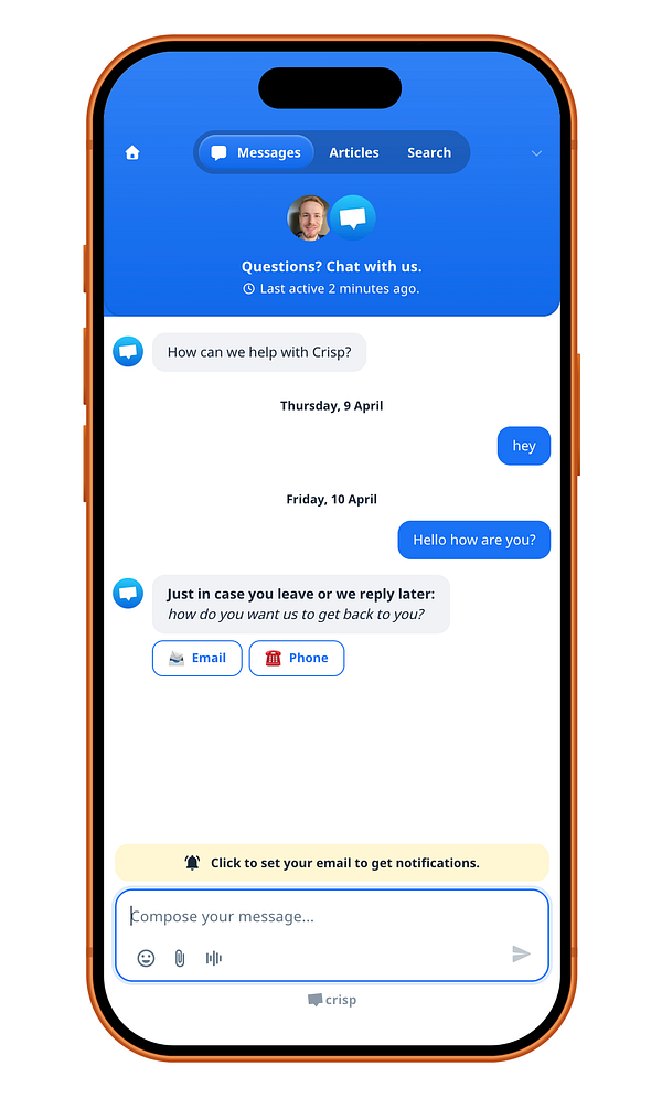 Mobile app interface showing a new Crisp chatbox design optimized for iPhone with a notch and sheet view support.