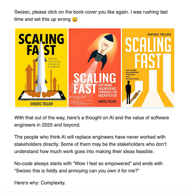 The image features three different book covers for 'Scaling Fast' by Swizec Teller.