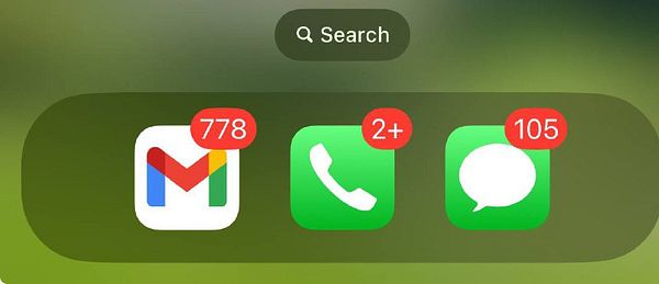 The image displays a smartphone interface with notification badges on messaging and email apps.