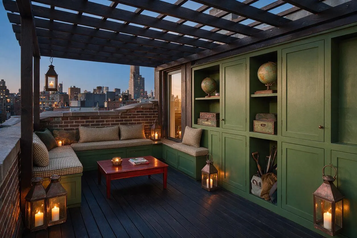 A dark academia-inspired rooftop patio features olive green built-in cabinets and benches, a dark wood pergola overhead, and a low brick parapet framing a city skyline at dusk. Lanterns with candlelight, patterned cushions, and a small wood coffee table create a warm, scholarly atmosphere.
