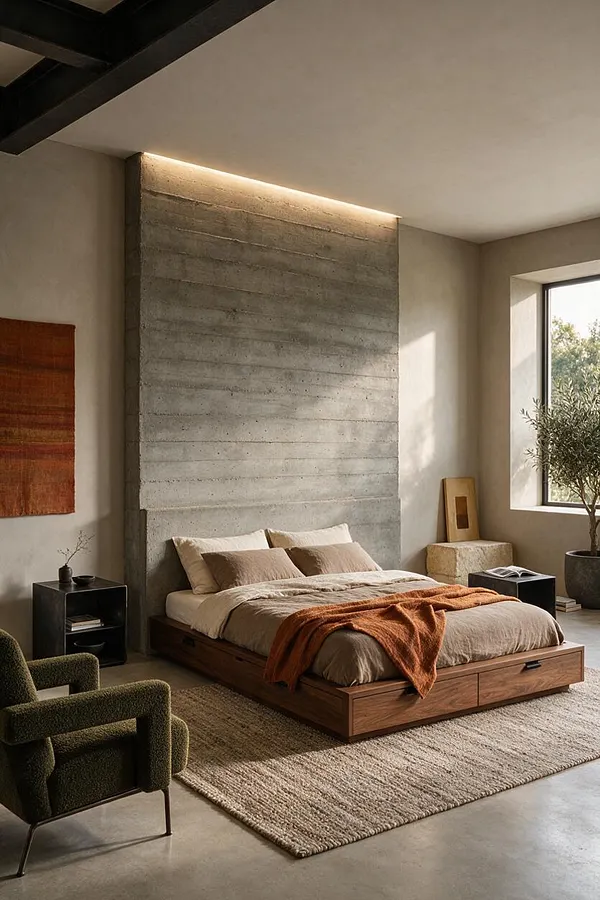 A master bedroom with a low walnut platform bed centered against a tall raw concrete feature wall, accented by beige bedding and a rust-colored throw. The room includes a textured olive-green chair, black side tables, a woven rug, a large window with a potted tree, and soft natural light.