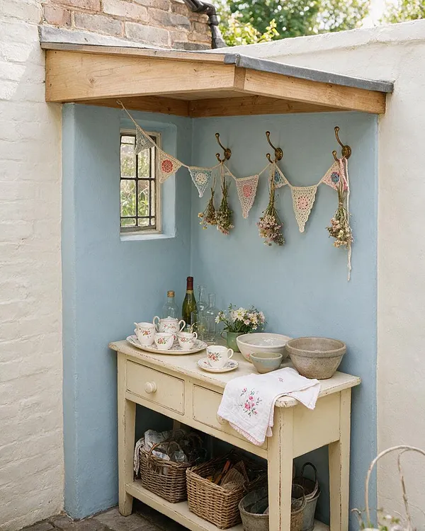 A small cottage-style patio nook with pale blue walls, white plaster surround, and a simple wood beam roof detail. A cream-painted vintage table holds floral china, glass bottles, bowls, and a small bouquet, while crochet bunting and dried flowers hang on brass hooks above.