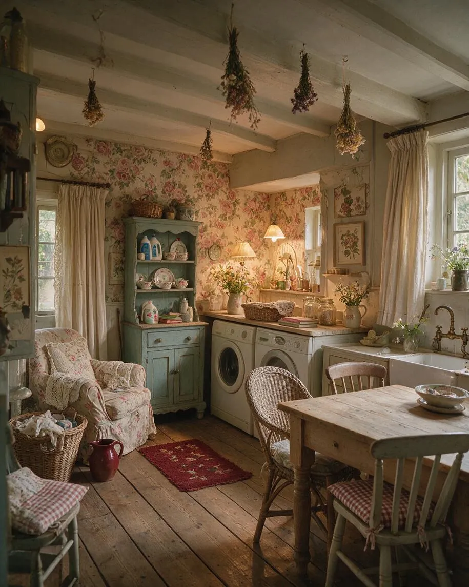 A cozy cottagecore laundry room with floral wallpaper, exposed white ceiling beams, and hanging dried flowers. The room includes a vintage blue hutch, a washer and dryer under a wooden countertop, a farmhouse sink, a small wooden table with mixed chairs, and soft cream curtains beside tall windows.