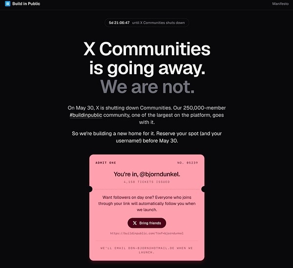 Homepage of Build in Public platform showcasing testimonials, philosophy, and a call-to-action to sign up.