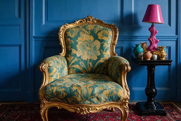 An ornate armchair with a carved gold frame and teal floral upholstery sits against deep blue paneled walls. A black side table to the right holds colorful ceramic vases and a bright pink lamp, with a patterned red rug below.
