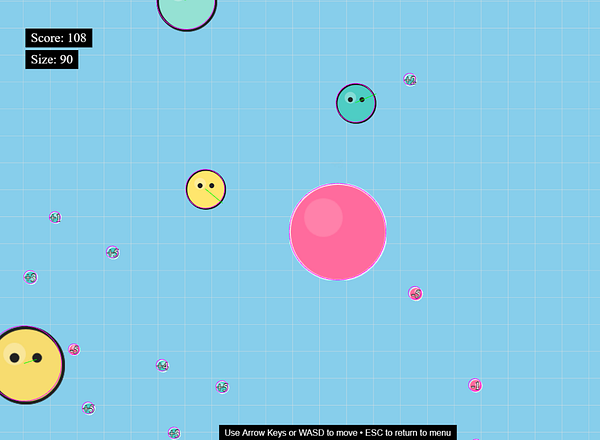 The image depicts a colorful game interface featuring various animated circles and a score display.