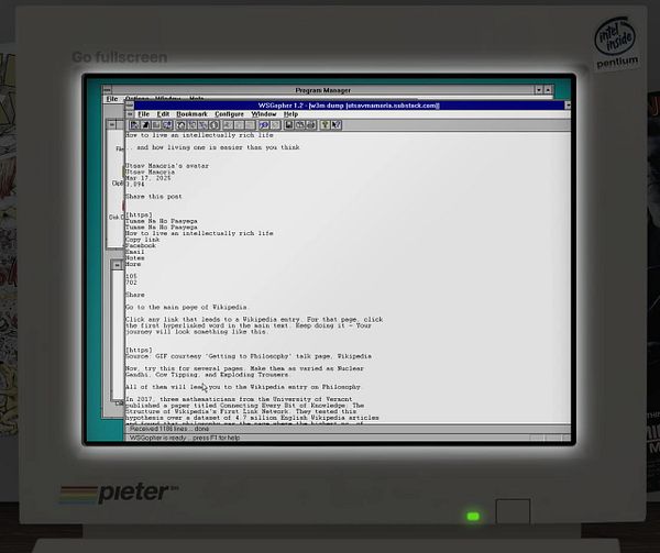 A retro computer screen displays a text-based interface with an article about living an intellectually rich life.