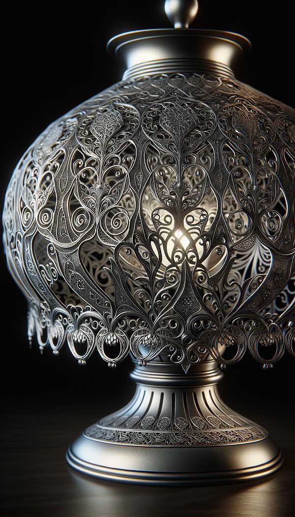 A close-up image of a silver filigree-patterned lamp base that demonstrates the intricate, lace-like work, with soft light filtering through the patterns.
