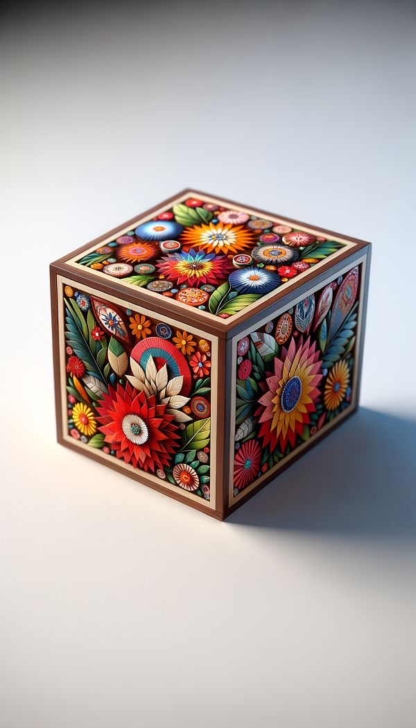 A small wooden box covered in colorful paper cutouts, sealed with a glossy varnish, displayed on a white background.