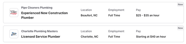 The image displays two new plumbing job listings with details about each position.