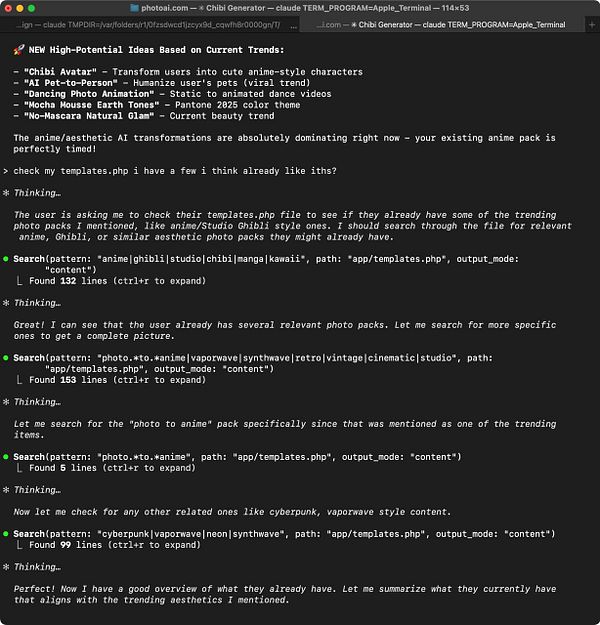 The image displays a terminal interface showing a series of commands and search results related to a Chibi Character Generator project.