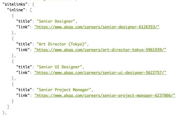 The image displays a JSON structure containing job titles and links for various positions.