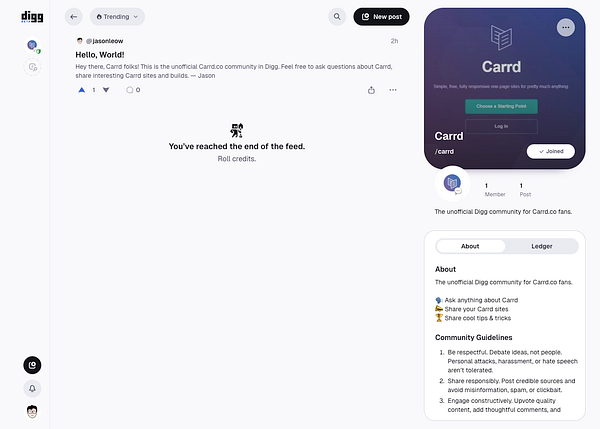 Screenshot of the Digg.com website homepage highlighting a Digg community for Carrd users.